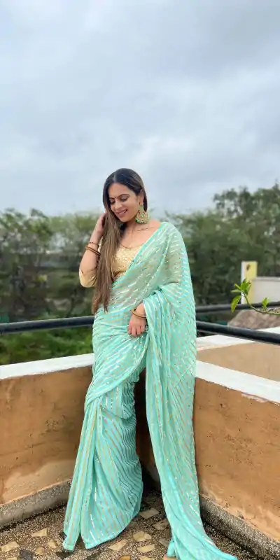 Perfect Aquamarine Color Georgette Embroidery Sequence Saree