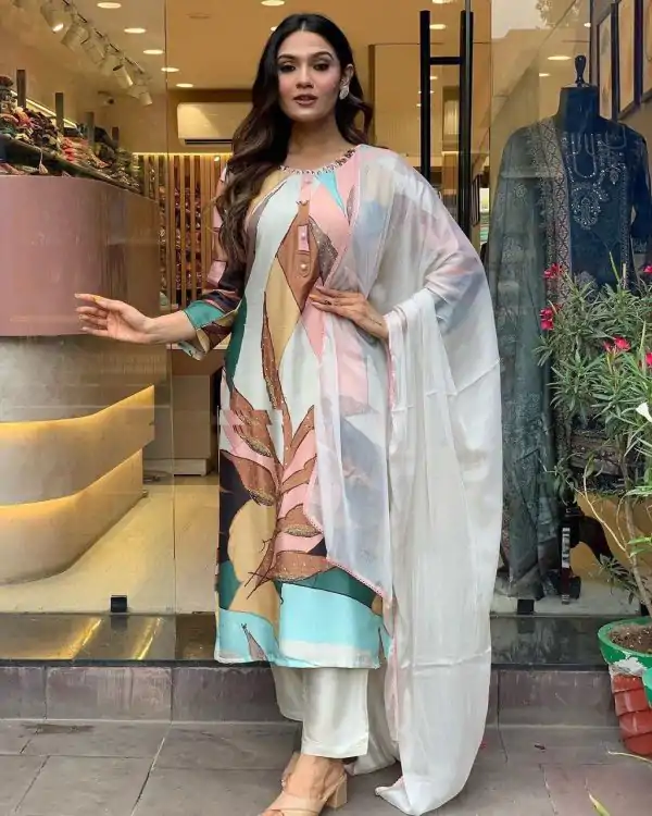 Perfect Malty Color Muslin Embroidery Chain Works Salwar Suit