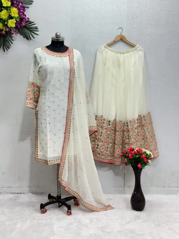 Perfect White Color Georgette Embroidered Sequences Salwar Suit