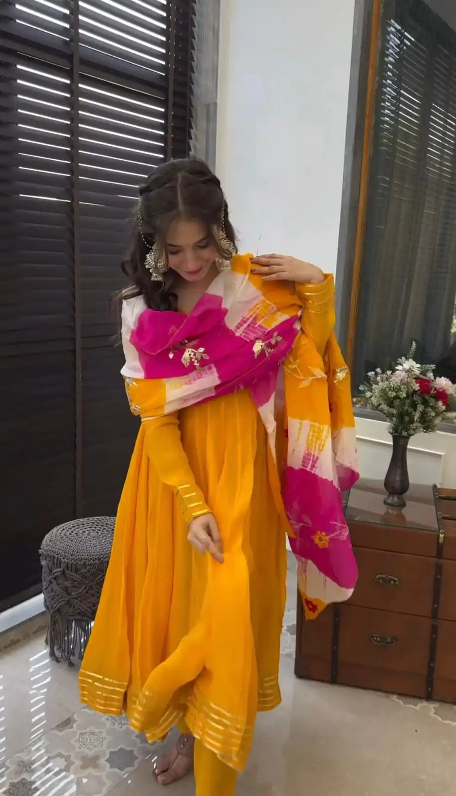 Perfect Yellow Color Chinon Silk Digital Print Dupatta Work Gown - Image 4