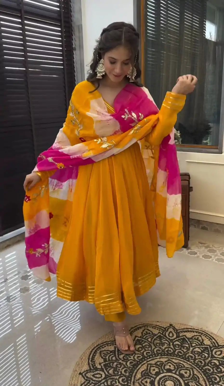 Perfect Yellow Color Chinon Silk Digital Print Dupatta Work Gown - Image 3