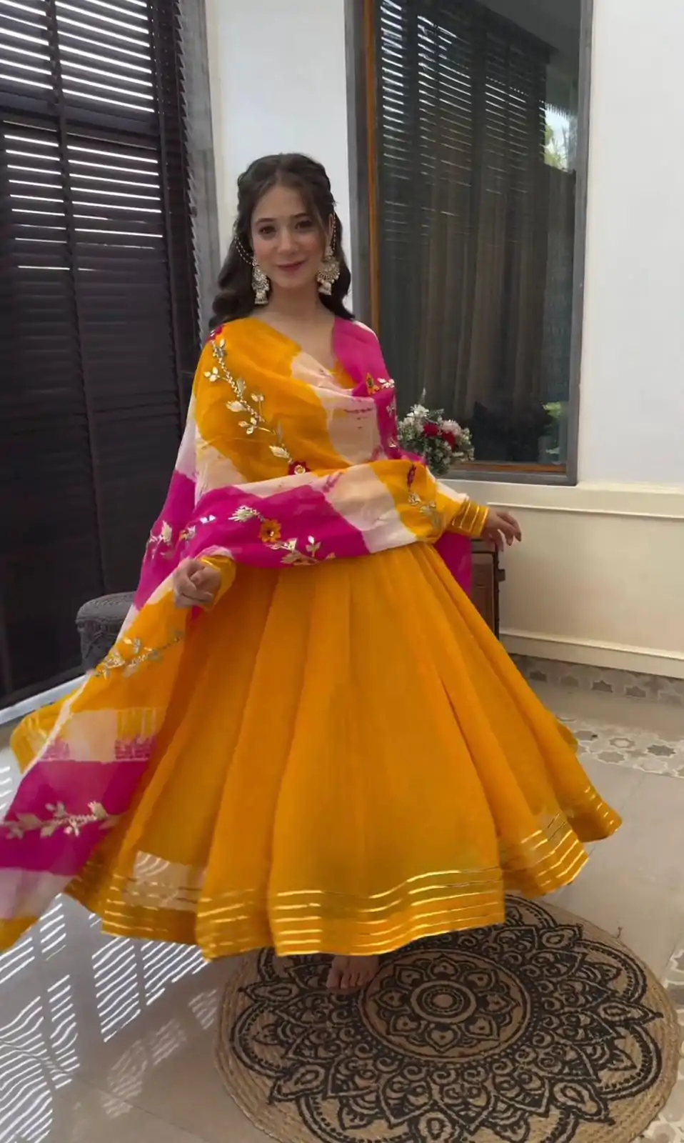 Perfect Yellow Color Chinon Silk Digital Print Dupatta Work Gown - Image 2