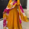 Perfect Yellow Color Chinon Silk Digital Print Dupatta Work Gown