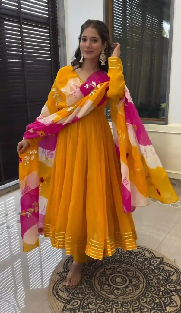 Perfect Yellow Color Chinon Silk Digital Print Dupatta Work Gown