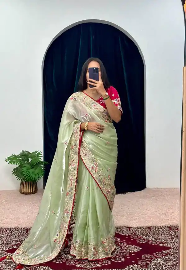 Pretty Green Color Jimmy Choo Embroidery Sequins Saree