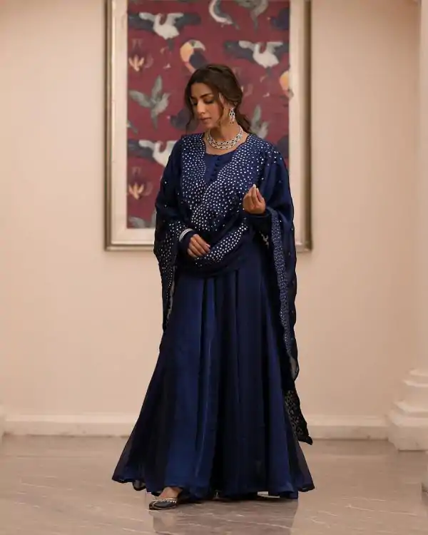 Pretty Navy Blue Color Georgette Embroidery Sequence Gown