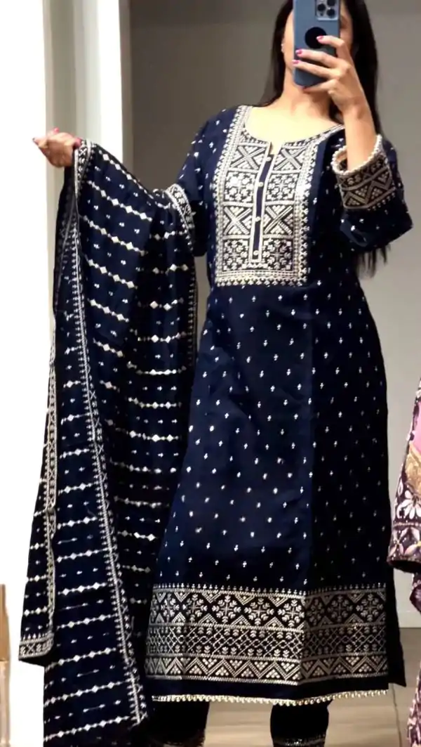 Pretty Navy Blue Color Georgette Embroidery Sequence Salwar Suit