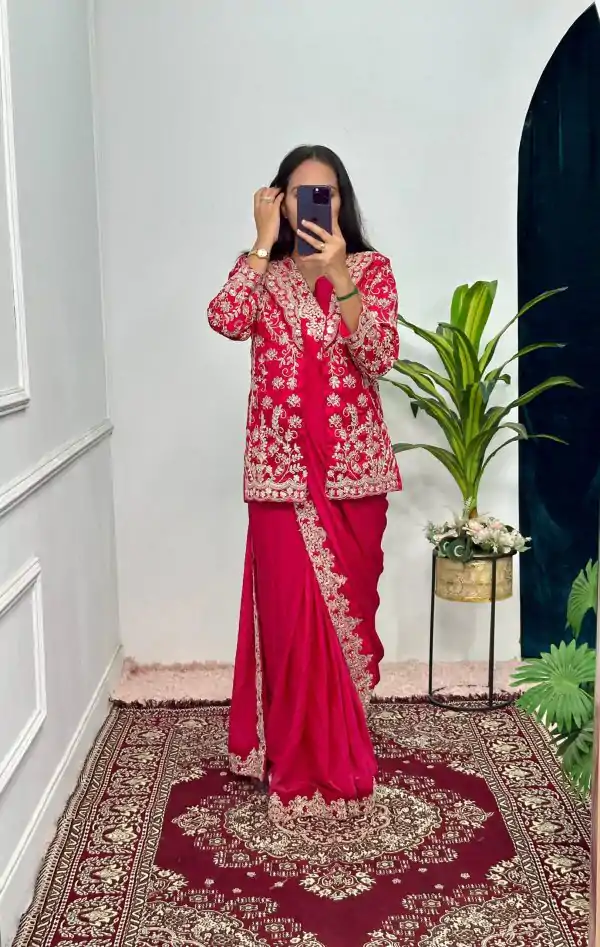 Pretty Pink Color Chinon Embroidery Work Koti And Saree