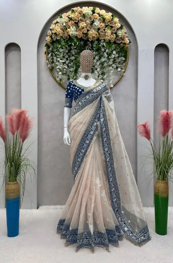 Stylish Cream Color Tissue Silk Thread Sequence Work Saree