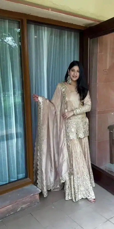 Stylish Golden Color Chinnon Silk Embroidery Work Sharara Suit