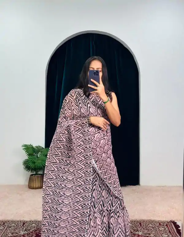 Stylish Peach Color Georgette Digital Printed Ruffle Gown Saree