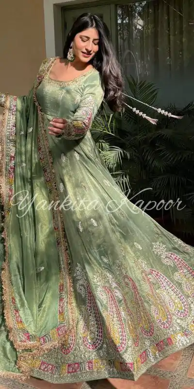 Superb Pista Green Color Chinnon Embroidery Sequence Gown