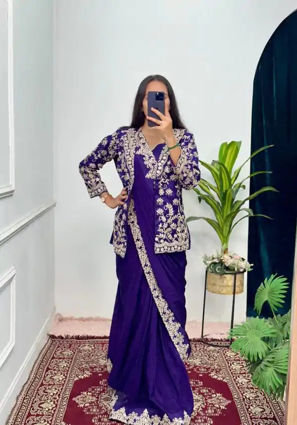 Pretty Royal Blue Color Chinon Embroidery Work Koti And Saree