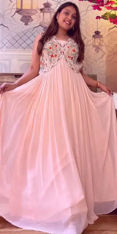 Aglow Pink Color Georgette Embroidery Dori And Multi Gown