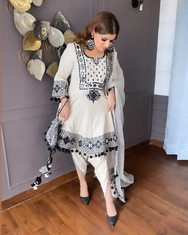 Aglow White Rajwadi Silk Embroidery Real Mirror Salwar Suit