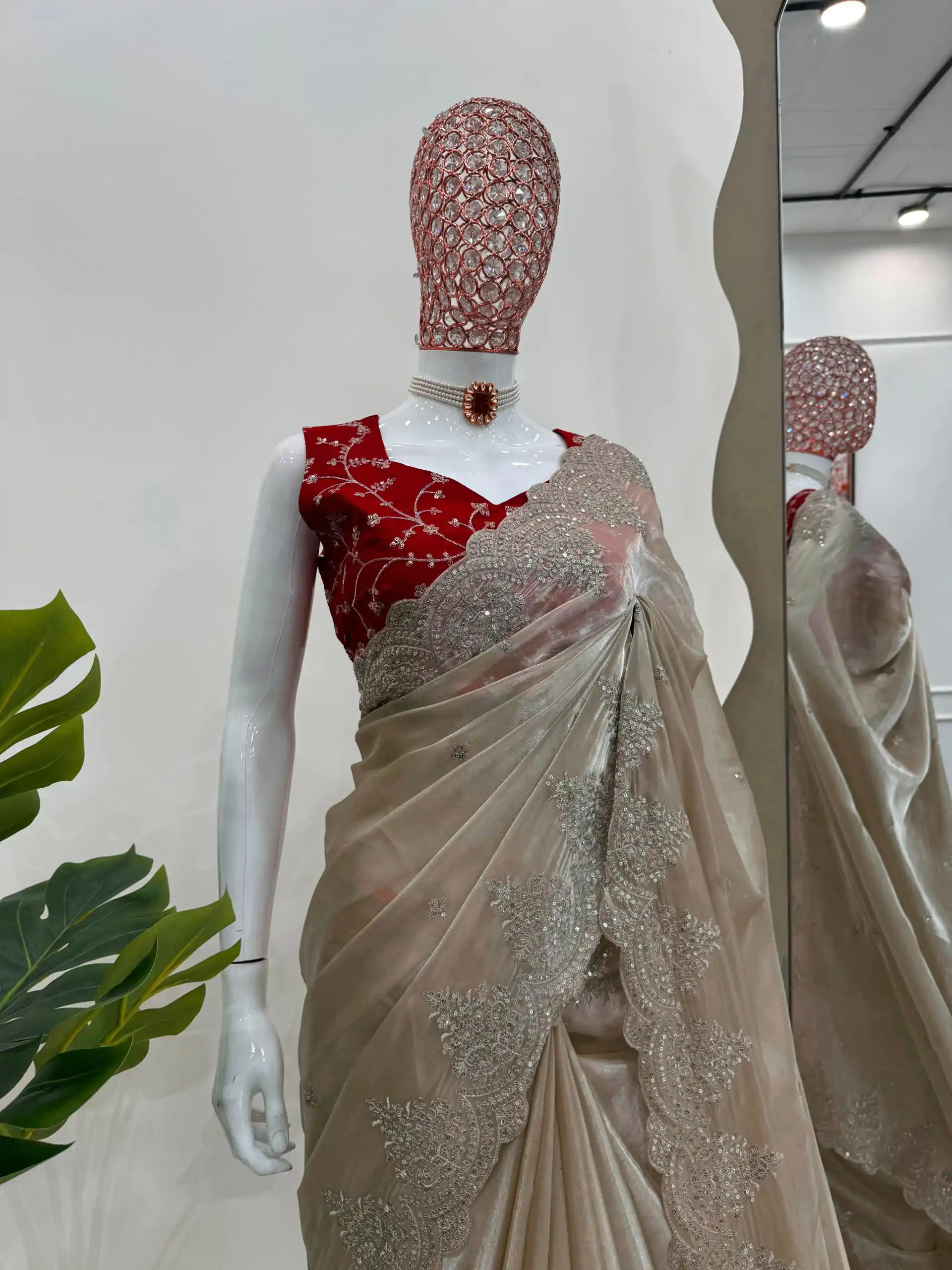 Alluring Golden Color Jimmy choo Thread Sequence Work Saree - Image 3