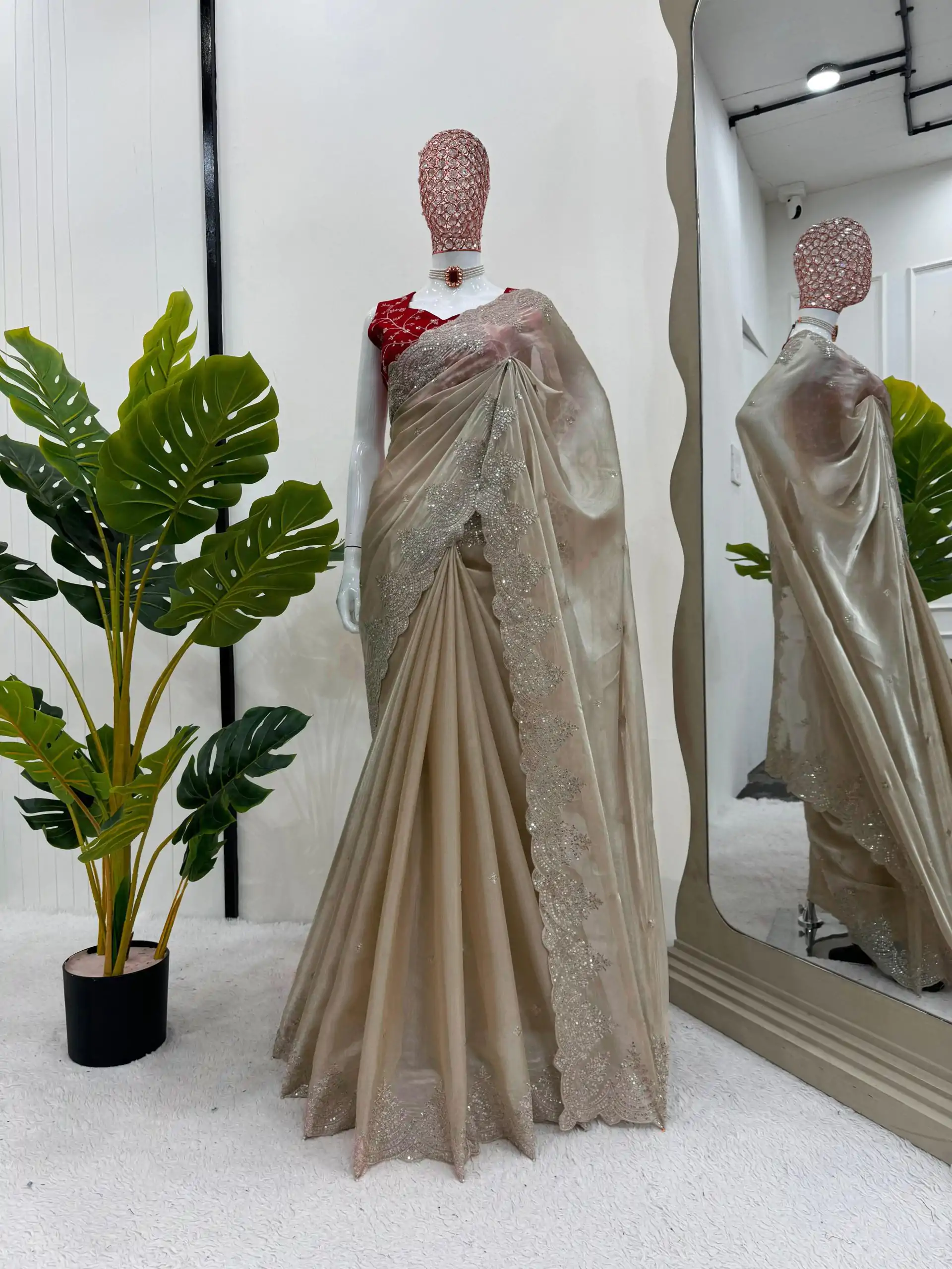 Alluring Golden Color Jimmy choo Thread Sequence Work Saree - Image 2