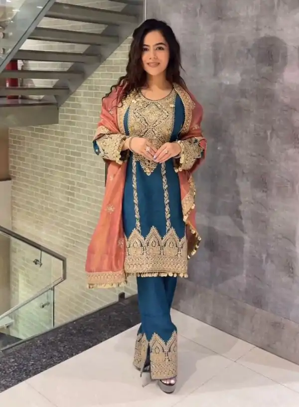 Artful Blue Color Chinon Silk Embroidery Sequence Sharara Suit