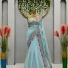Beautiful Firozi Color Tabby Silk Thread Sequence Work Saree