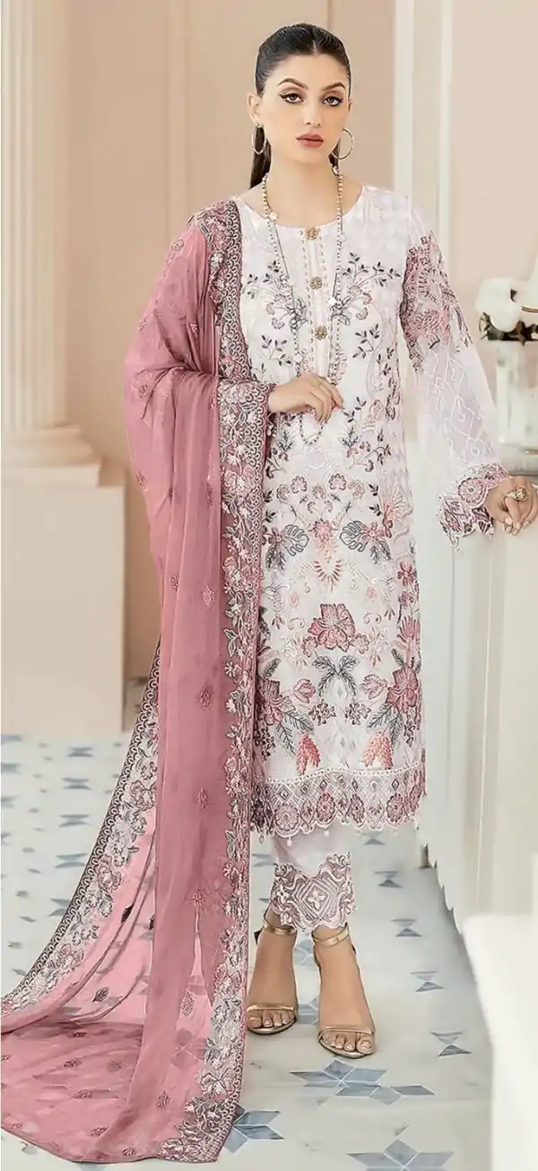 Classic White & Peach Color Georgette Embroidery Salwar Suit