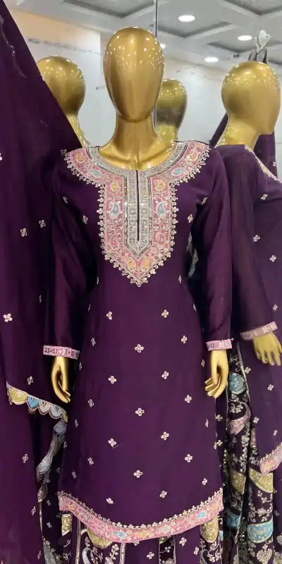 Cute Purple Color Chinnon Silk Embroidery Sequence Salwar Suit