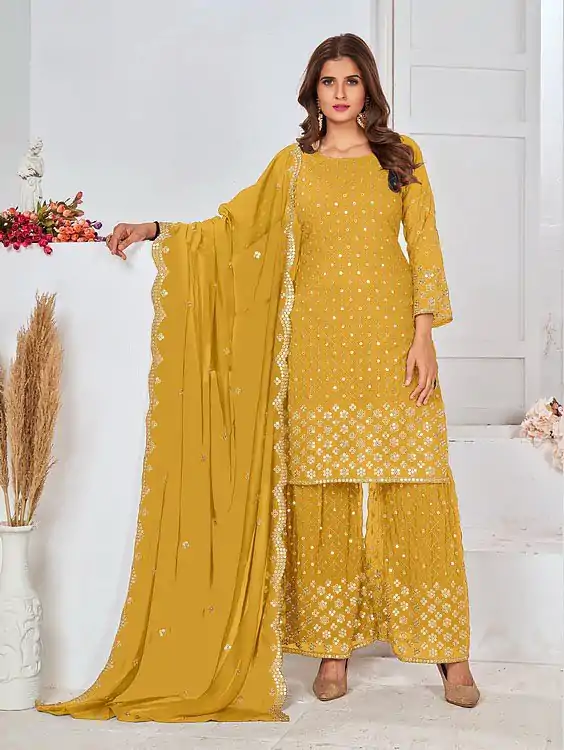 Cute Yellow Color Georgette Embroidery Stone Work Sharara Suit