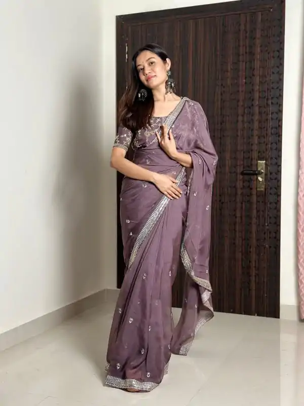 Dazzling Purple Color Pure Soft Organza Embroidery Zari Saree