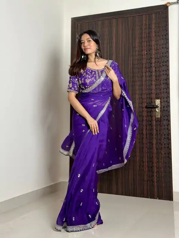Dazzling Violet Color Pure Soft Organza Embroidery Zari Saree