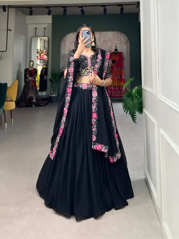 Elegant Black Color Georgette Plain Embroidery Lehenga Choli