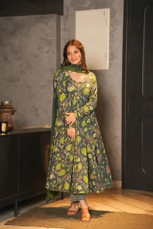 Elegant Green Color Silk Satin Digital Printed Sleeves Gown