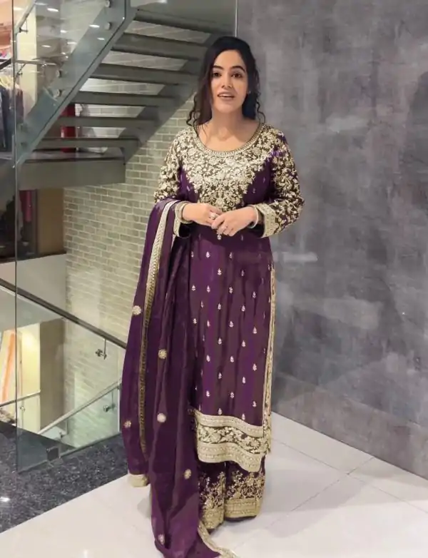 Elegant Purple Color Chinnon Silk Embroidery Sequence Salwar Suit