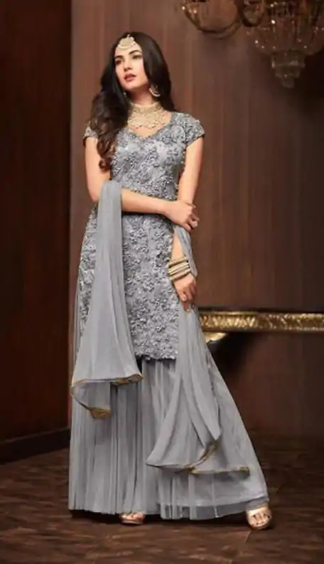 Fancy Cement Color Football Net Embroidery Sharara Suit