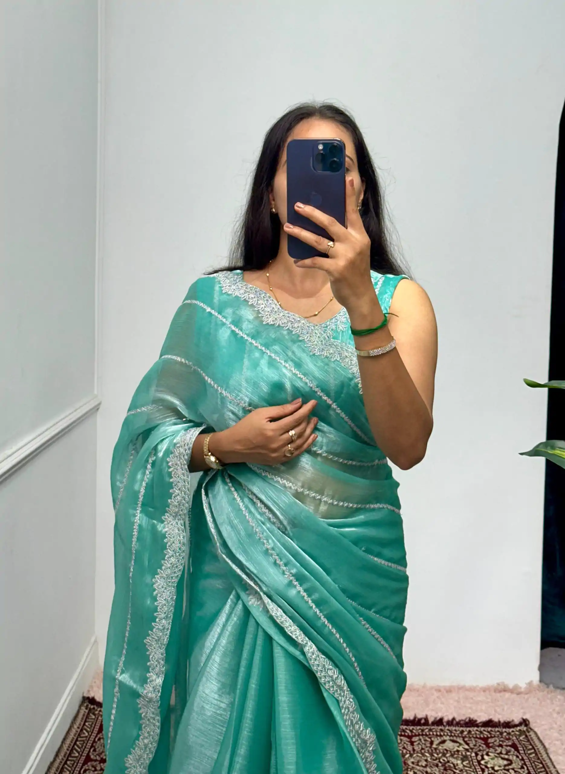 Fancy Light Blue Color Burberry Blooming Embroidery Zari Saree - Image 2