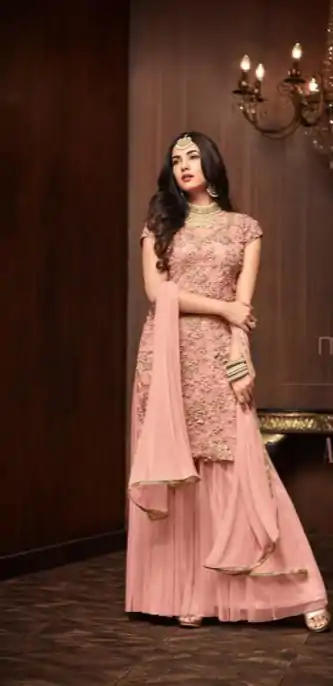 Fancy Peach Color Football Net Embroidery Sharara Suit