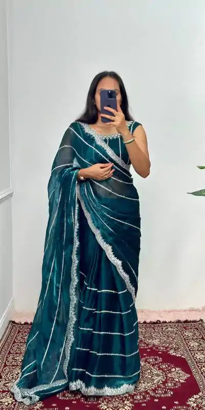 Fancy Peacock Blue Color Burbary Blooming Embroidery Saree
