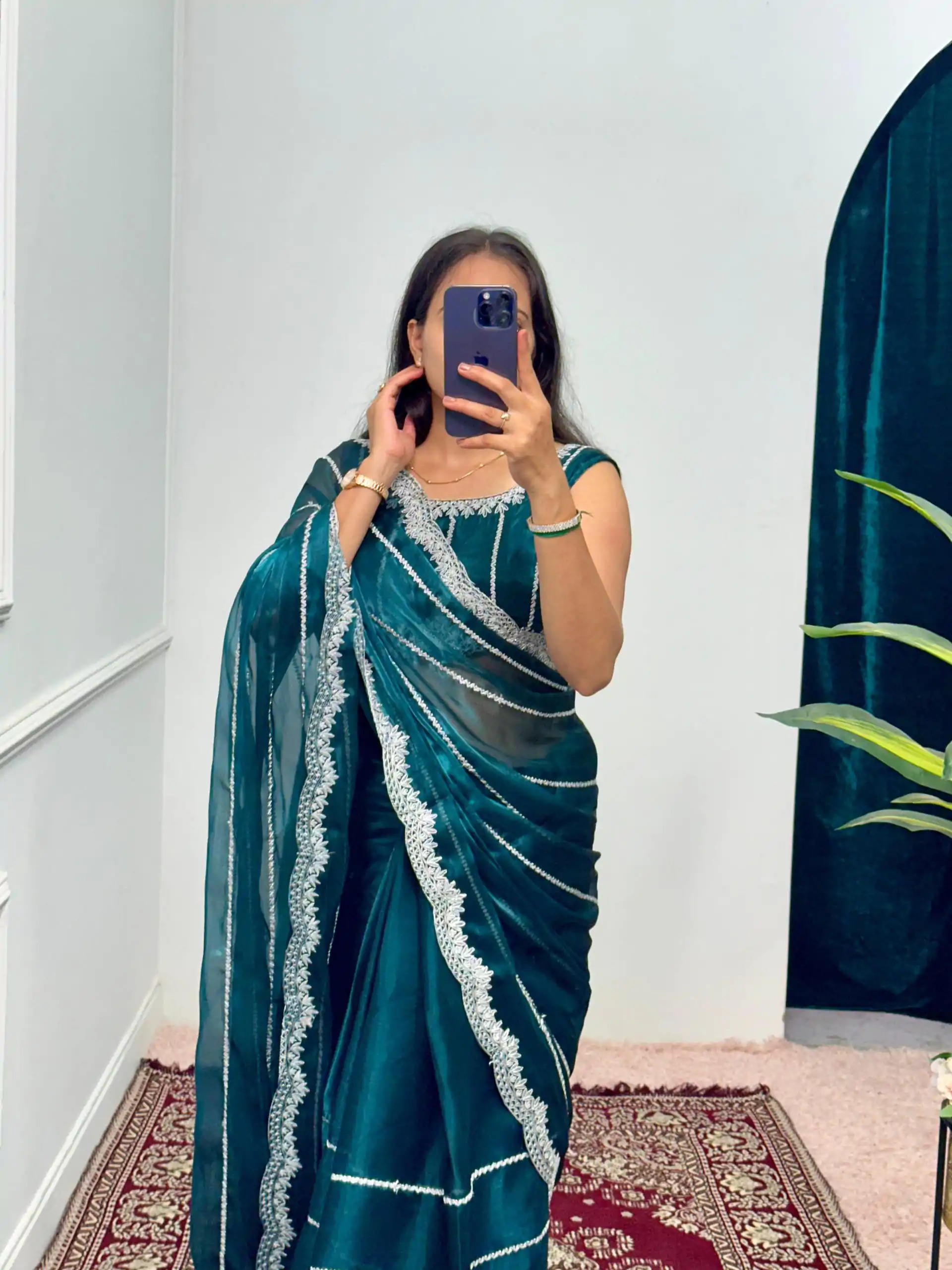 Fancy Peacock Blue Color Burbary Blooming Embroidery Saree - Image 2