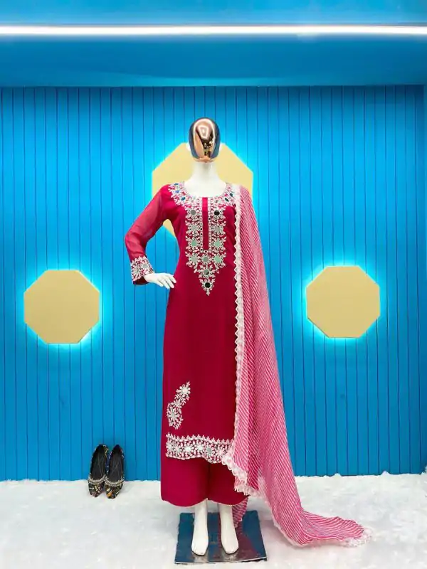 Fancy Pink Color Georgette Embroidery Mirror Work Salwar Suit