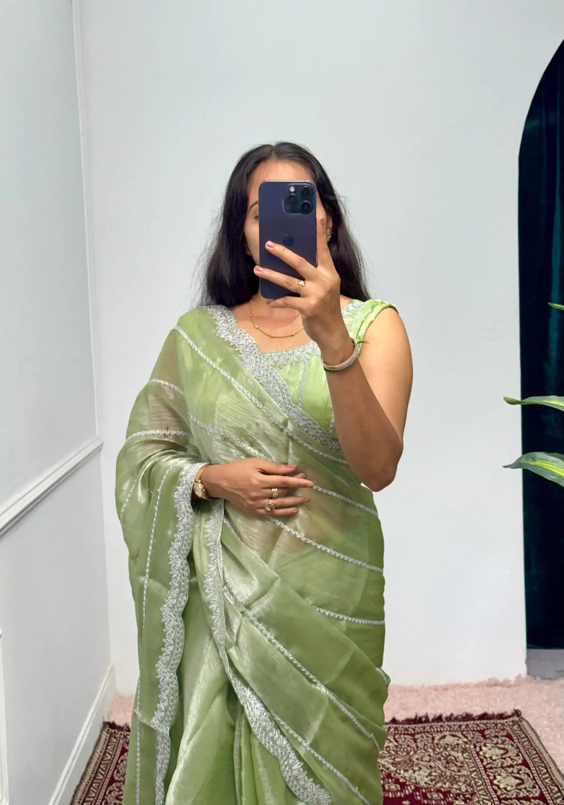 Fancy Pista Green Color Burberry Blooming Embroidery Zari Saree - Image 2
