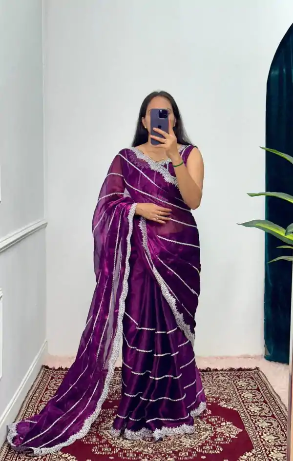 Fancy Purple Color Burberry Blooming Embroidery Zari Saree