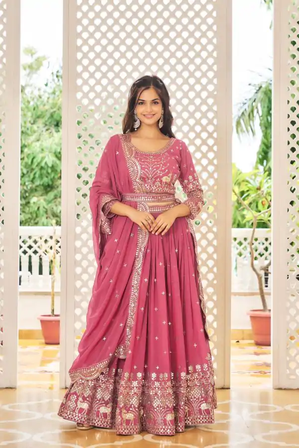 Fancy Raspberry Georgette Embroidery Sequence Lehenga Choli