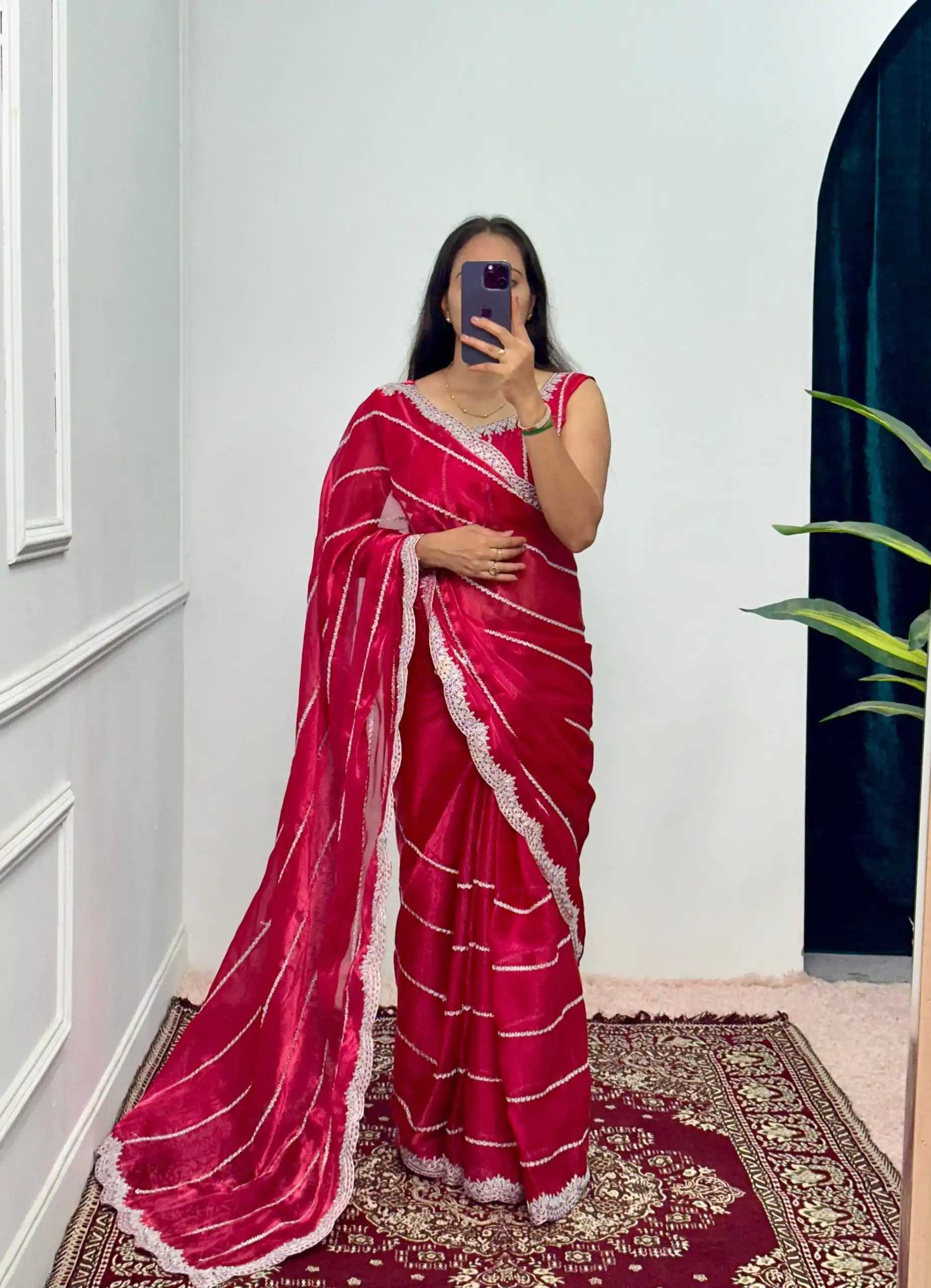 Fancy Red Color Burberry Blooming Embroidery Zari Work Saree