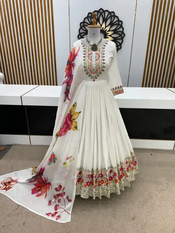 Fancy White Color Chinon Silk Embroidery Sequence Gown