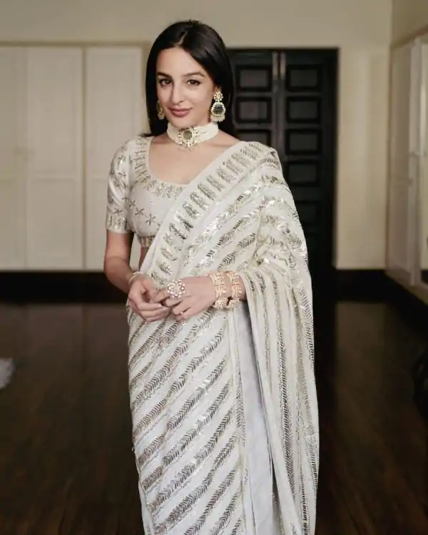 Fancy White Color Georgette Embroidery Sequins Saree
