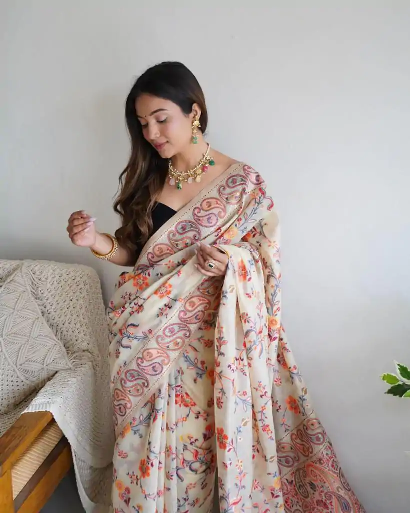 Fancy White Color Kashmiri Running Thread Zari Work Saree - Image 6