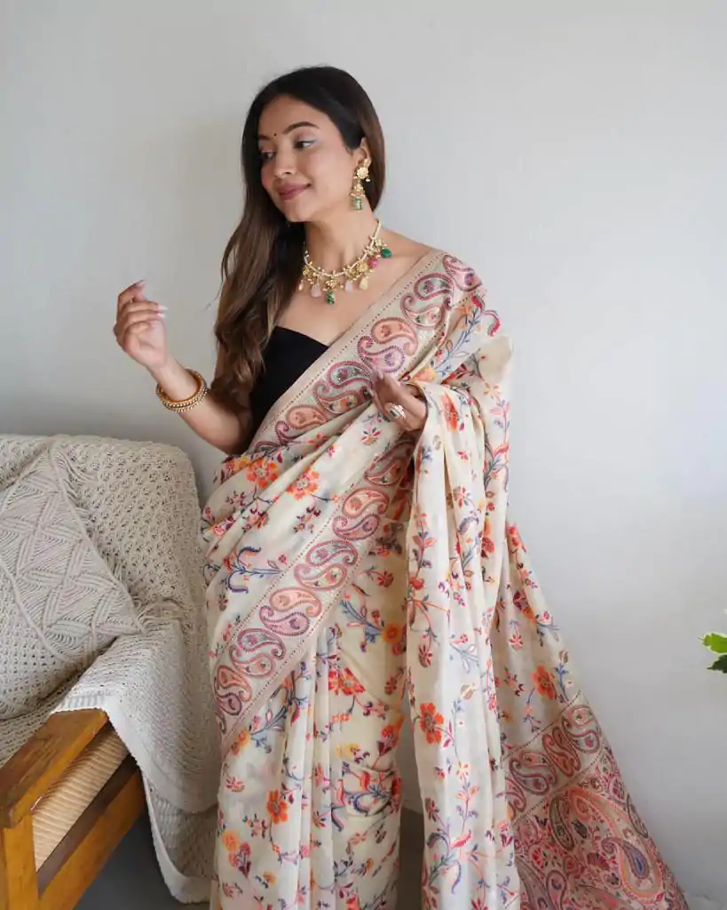 Fancy White Color Kashmiri Running Thread Zari Work Saree - Image 3