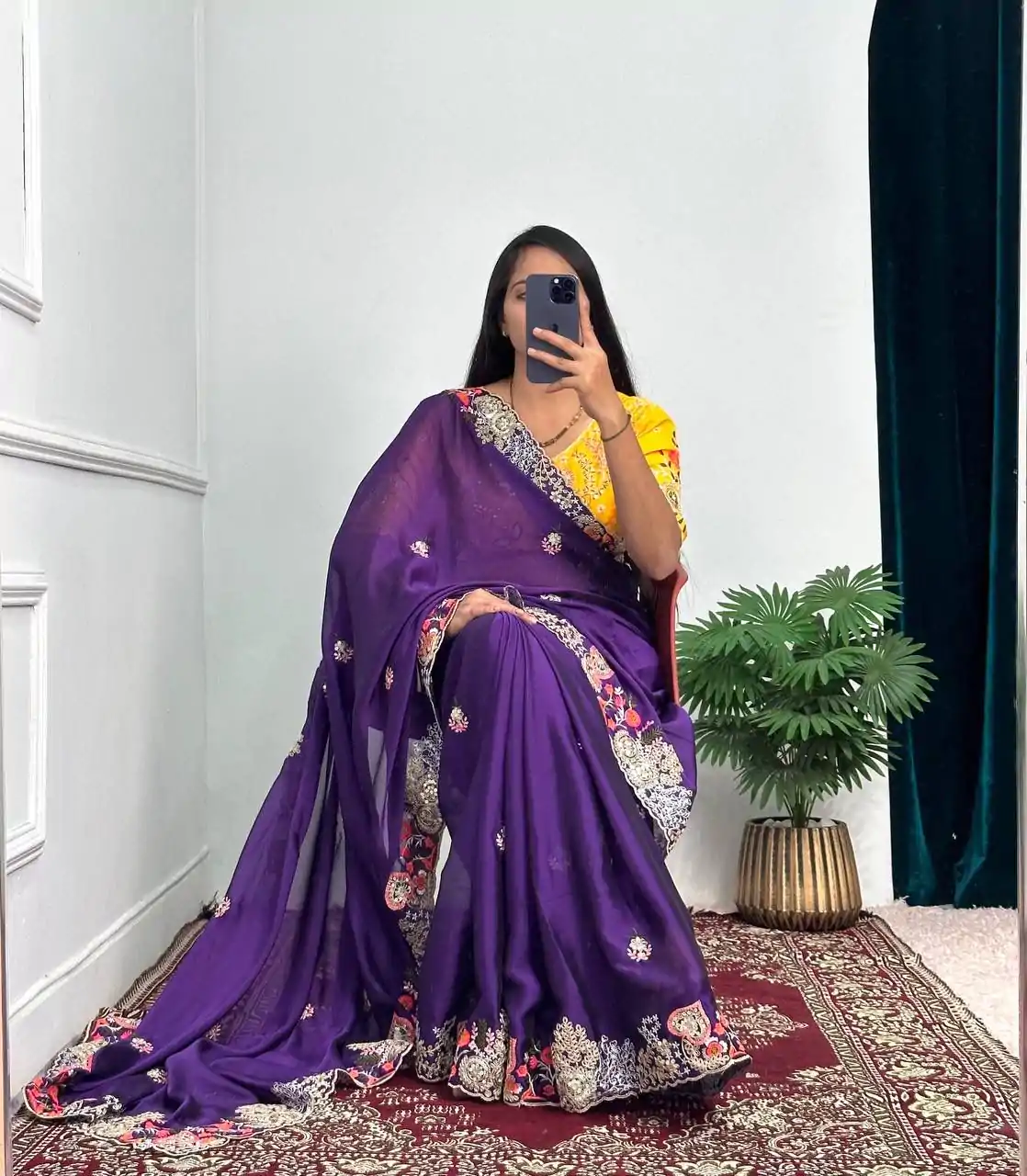 Fine Violet Color Blooming Rangoli Thread Embroidery Saree - Image 5
