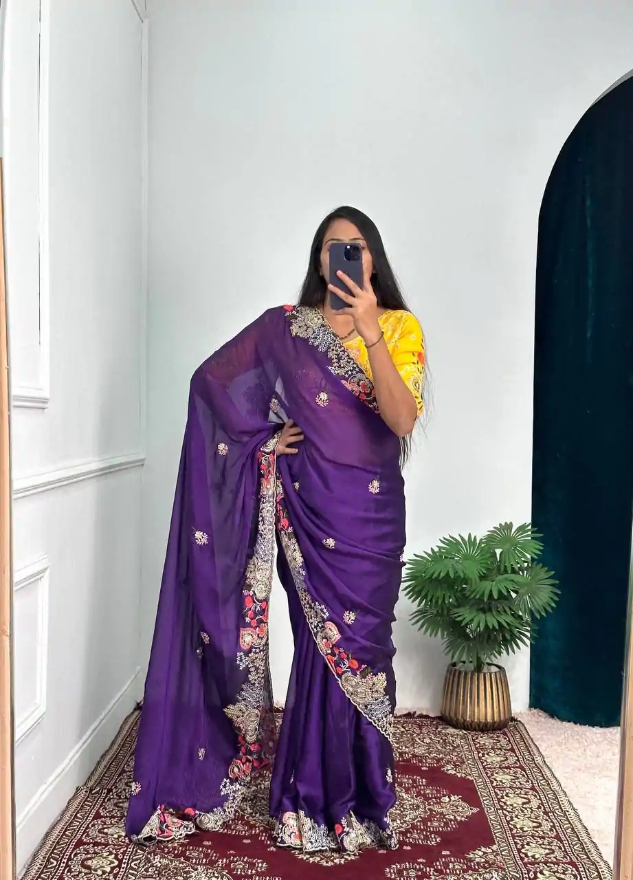 Fine Violet Color Blooming Rangoli Thread Embroidery Saree - Image 3