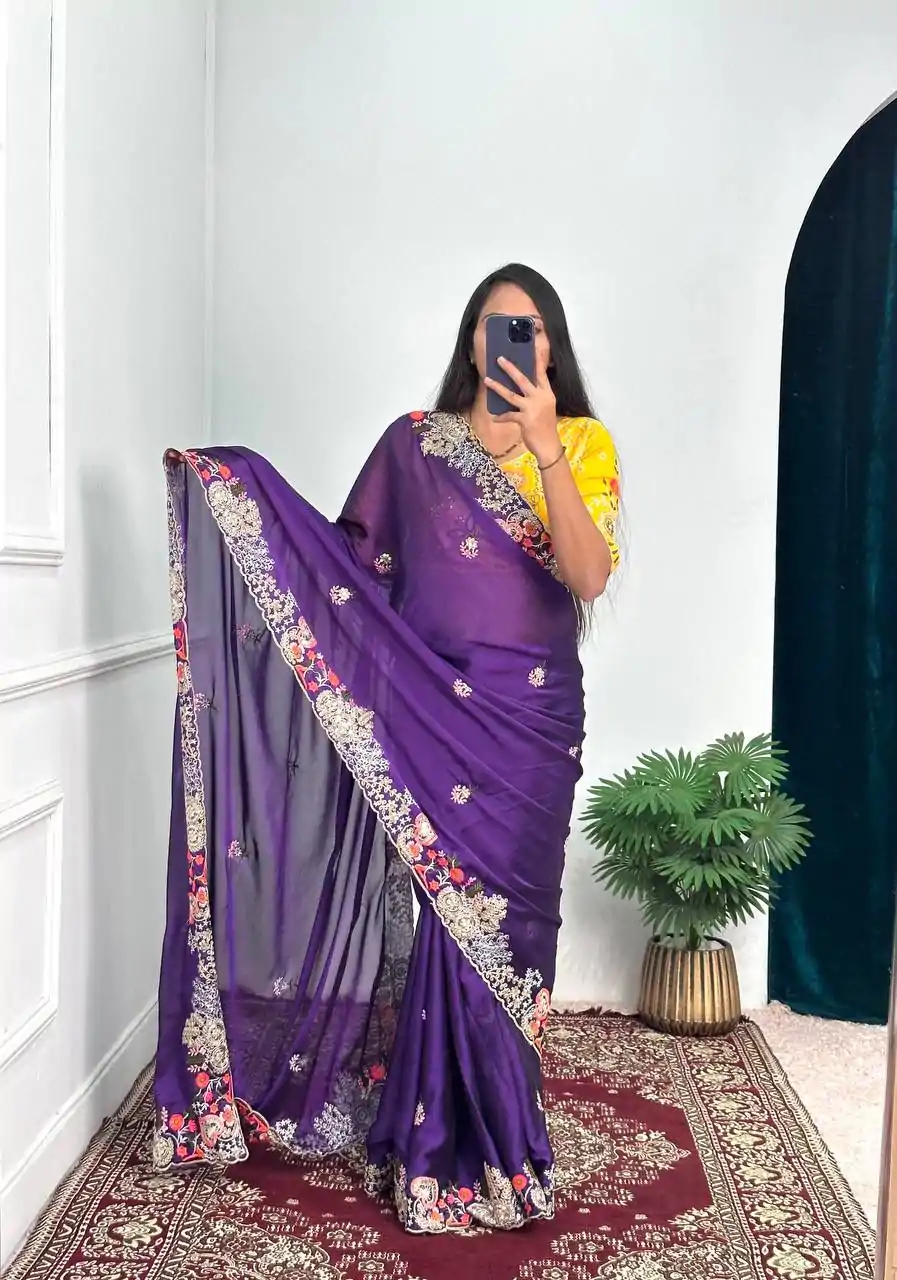 Fine Violet Color Blooming Rangoli Thread Embroidery Saree - Image 2