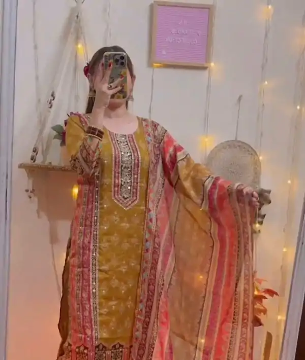 Fine Yellow Color Maslin Printed Real Mirror Work Salwar Suit