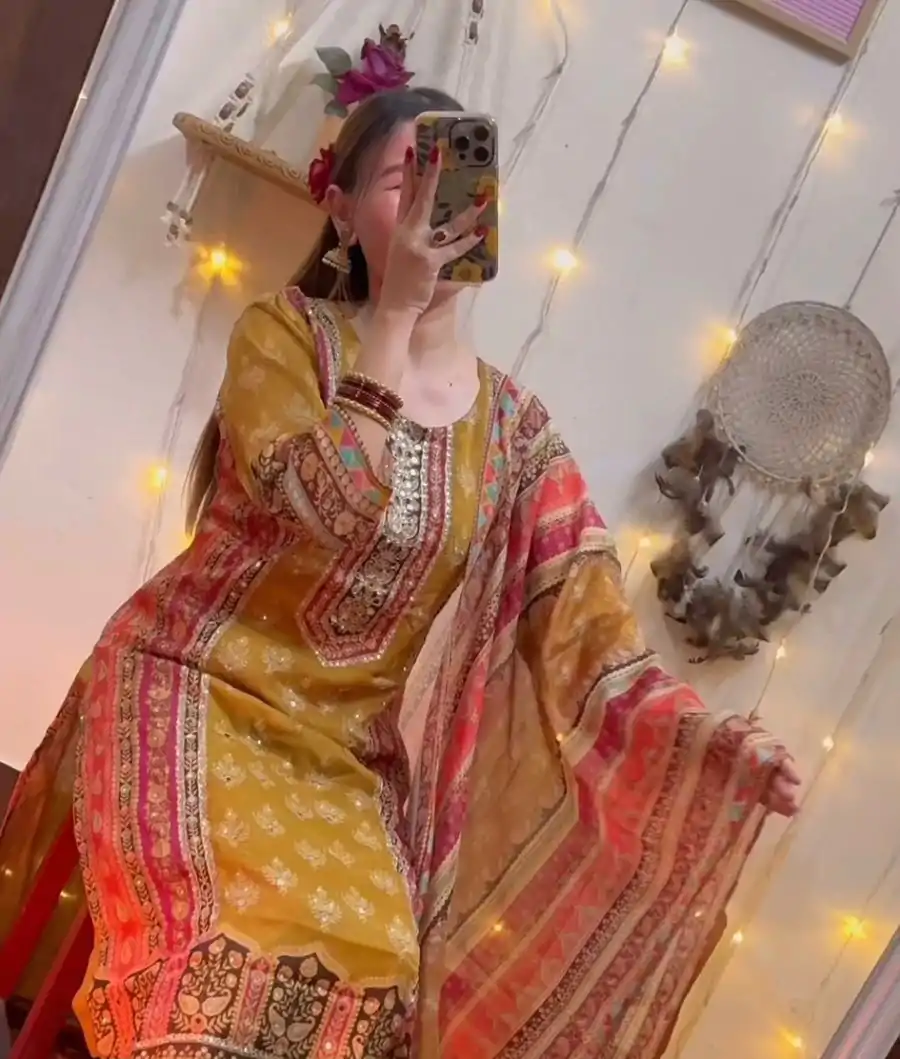 Fine Yellow Color Maslin Printed Real Mirror Work Salwar Suit - Image 2